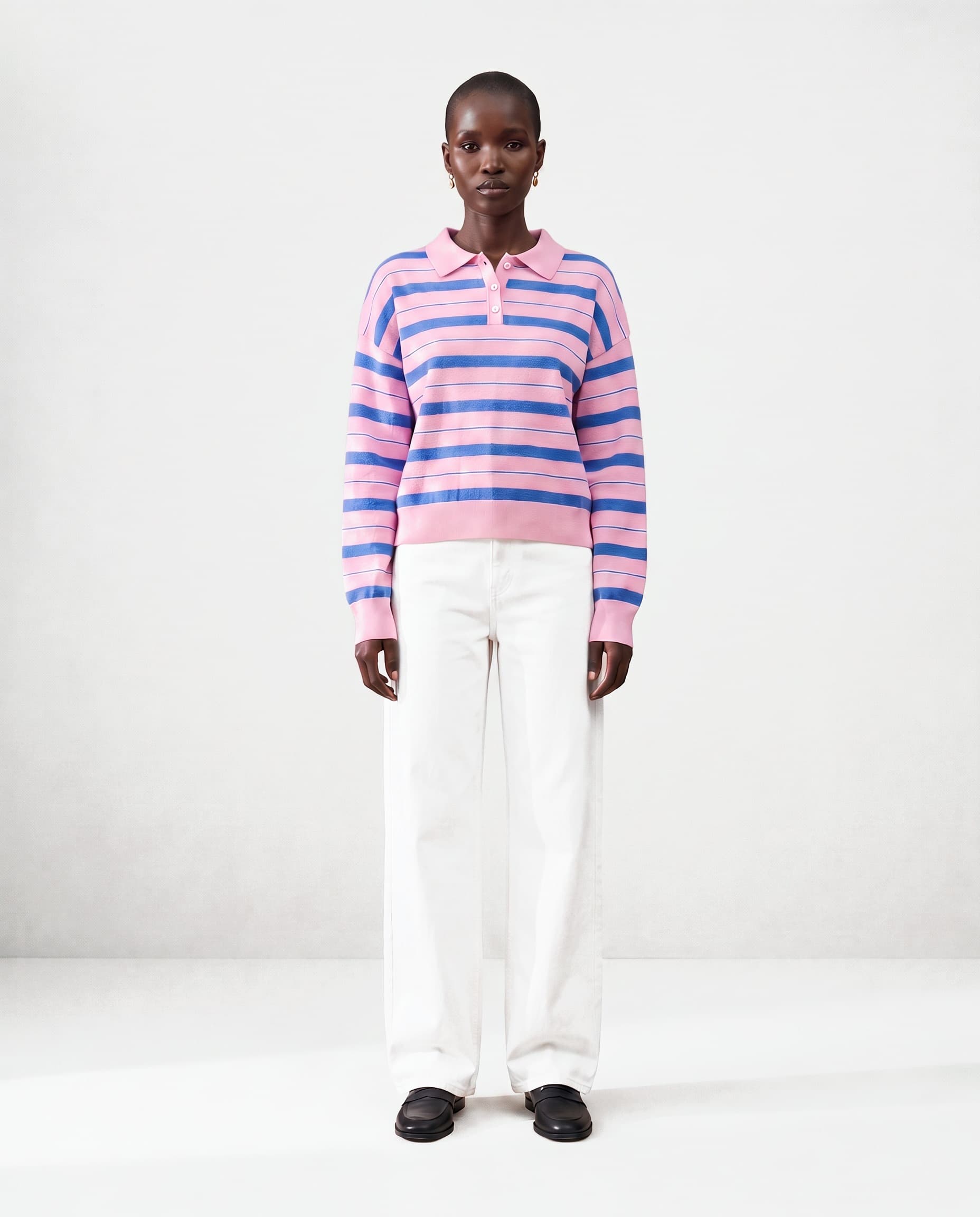 Striped polo knit, front, full length
